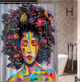 Art Design Graffiti  African Girl with Black Hair Big Earring with Modern Building Shower Curtain for Bathroom Decor