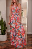 Multicolour Floral Print Smocked Halter Neck Sleeveless Wide Leg Jumpsuit