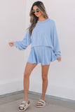 Sky Blue Corded Lantern Sleeve Top High Waist Ruffled Mini Skirt Set