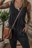 Black Casual Tank Style Tie Waist Pocketed Jogger Jumpsuit