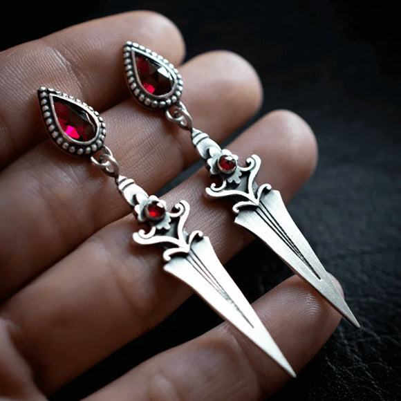 Vintage Medieval Gothic Sword Drop Earrings For Waterdrop Women Red Stone Dangle Earring Piercing Ear Halloween Accessories