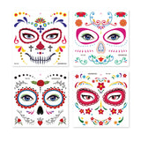4 Sheets Day of the Dead Temporary Tattoos - La Catrina Face & Body Stickers, Waterproof Skull Makeup Decals for Halloween Party