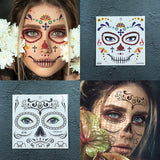 4 Sheets Day of the Dead Temporary Tattoos - La Catrina Face & Body Stickers, Waterproof Skull Makeup Decals for Halloween Party