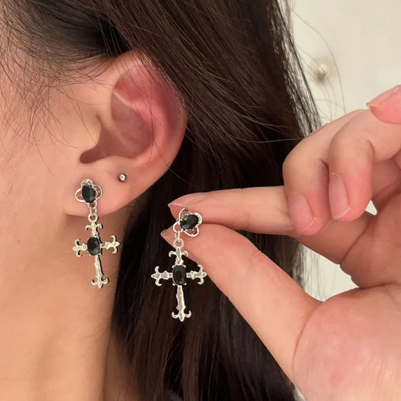 Gothic Cross Black Drill Drop Earrings Women Punk  Jewellery Creativity Fashion Gorgeous Statement Jewelry Girl Gifts