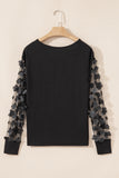 Black Flower Applique Mesh Long Sleeve V Neck Blouse