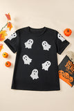 Black Glitter Ghost Pattern Crew Neck Halloween T Shirt