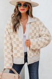 Khaki Checker Sherpa Corduroy Patchwork Zip up Collared Jacket