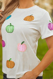 White Sequin Pumpkin Patched Cotton Blend T Shirt
