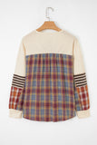 Beige Waffle Stripe Plaid Patchwork Henley Knit Top
