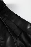 Black Faux Leather Retro Buckle Detail Pleated Stitch Flared Midi Skirt