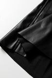 Black Faux Leather Retro Buckle Detail Pleated Stitch Flared Midi Skirt