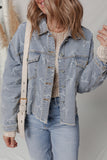Sky Blue Bow Knot Print Light Wash Raw Hem Denim Jacket