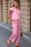 Pink Textured Ruffled Sleeve Zipped Top and Wide Leg Pants Set