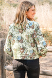 Khaki Floral Print Zip Up Contrast Collared Jacket