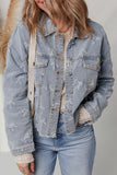 Sky Blue Bow Knot Print Light Wash Raw Hem Denim Jacket