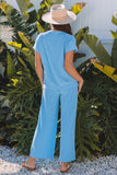 Blue Solid Corded Knit Short Sleeve T Shirt and Wide Leg Pants Set