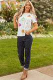 White Sequin Pumpkin Patched Cotton Blend T Shirt