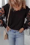 Black Flower Applique Mesh Long Sleeve V Neck Blouse