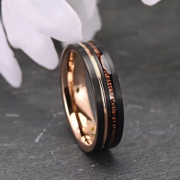 Wide Tungsten Steel Flat Sand Surface Two-color Black And Rose Ring
