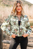 Khaki Floral Print Zip Up Contrast Collared Jacket