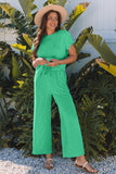 Bright Green Solid Corded Knit Short Sleeve T Shirt and Wide Leg Pants Set