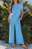 Blue Solid Corded Knit Short Sleeve T Shirt and Wide Leg Pants Set