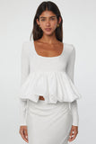 White U Neck Long Sleeve Bubble Hem Top