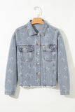 Sky Blue Bow Knot Print Light Wash Raw Hem Denim Jacket