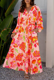 Beige Floral Print Smocked Detail V Neck Puff Sleeve Flowy Maxi Dress