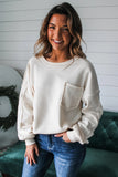 White Exposed Seam Chest Pocket Knit Pullover Sweatshirt