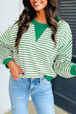 Bright Green Striped Exposed Seam Patchwork Loose Pullover Top