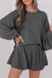 Dark Grey Corded Lantern Sleeve Top High Waist Ruffled Mini Skirt Set