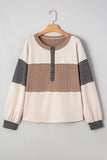 Jet Stream Color Block Waffled Patchwork Loose Henley Top