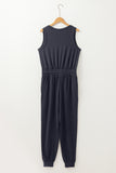 Black Casual Tank Style Tie Waist Pocketed Jogger Jumpsuit