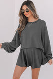 Dark Grey Corded Lantern Sleeve Top High Waist Ruffled Mini Skirt Set