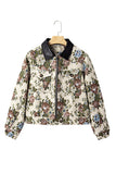 Khaki Floral Print Zip Up Contrast Collared Jacket
