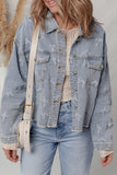 Sky Blue Bow Knot Print Light Wash Raw Hem Denim Jacket