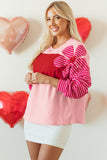 Pink Floral Patch Color Block Striped Sleeve Textured Top