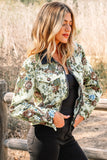 Khaki Floral Print Zip Up Contrast Collared Jacket