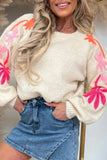 Beige Embroidered Floral Sleeve Round Neck Loose Sweater