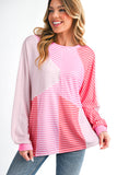 Sachet Pink Striped Colorblock Exposed Seam Casual Long Sleeve Top
